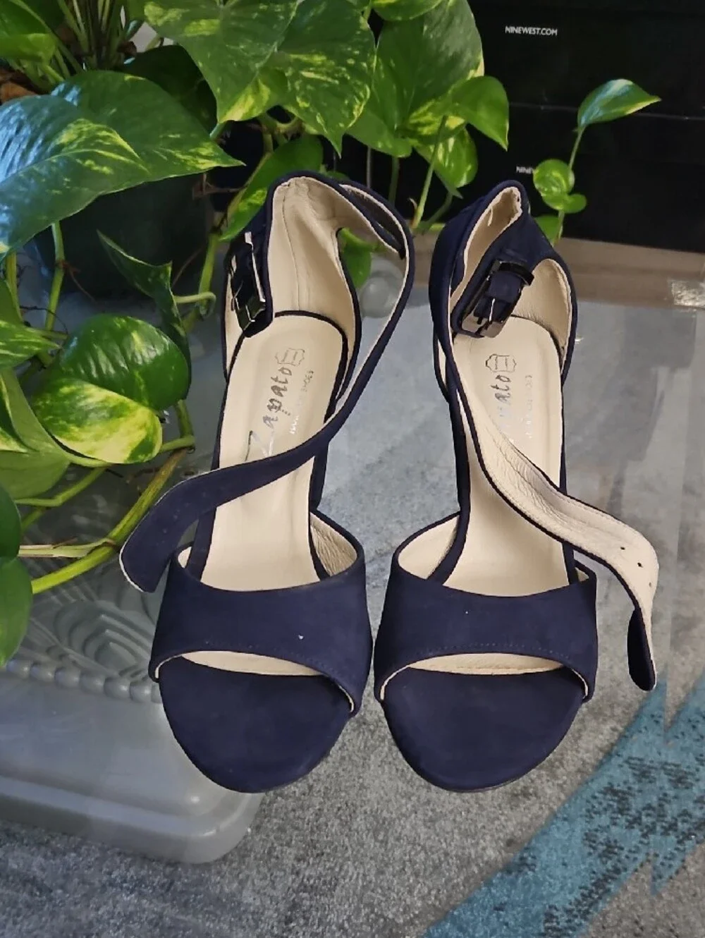 Women's Navy Suede Block Heel Sandals with Buckle Ankle Strap